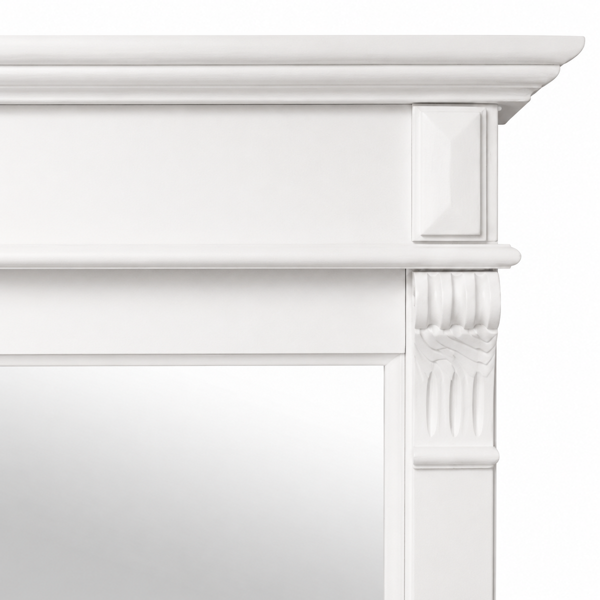 Detail of the Baldo mirror carved leaf corbel and crown cornice in white painted pine