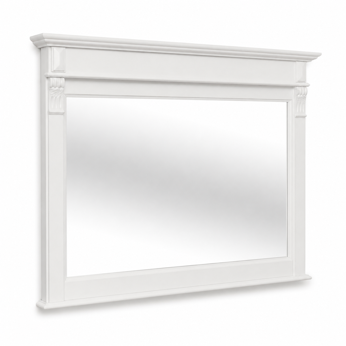 Classic white painted pine Baldo bathroom mirror with crown cornice, three-quarter angle view