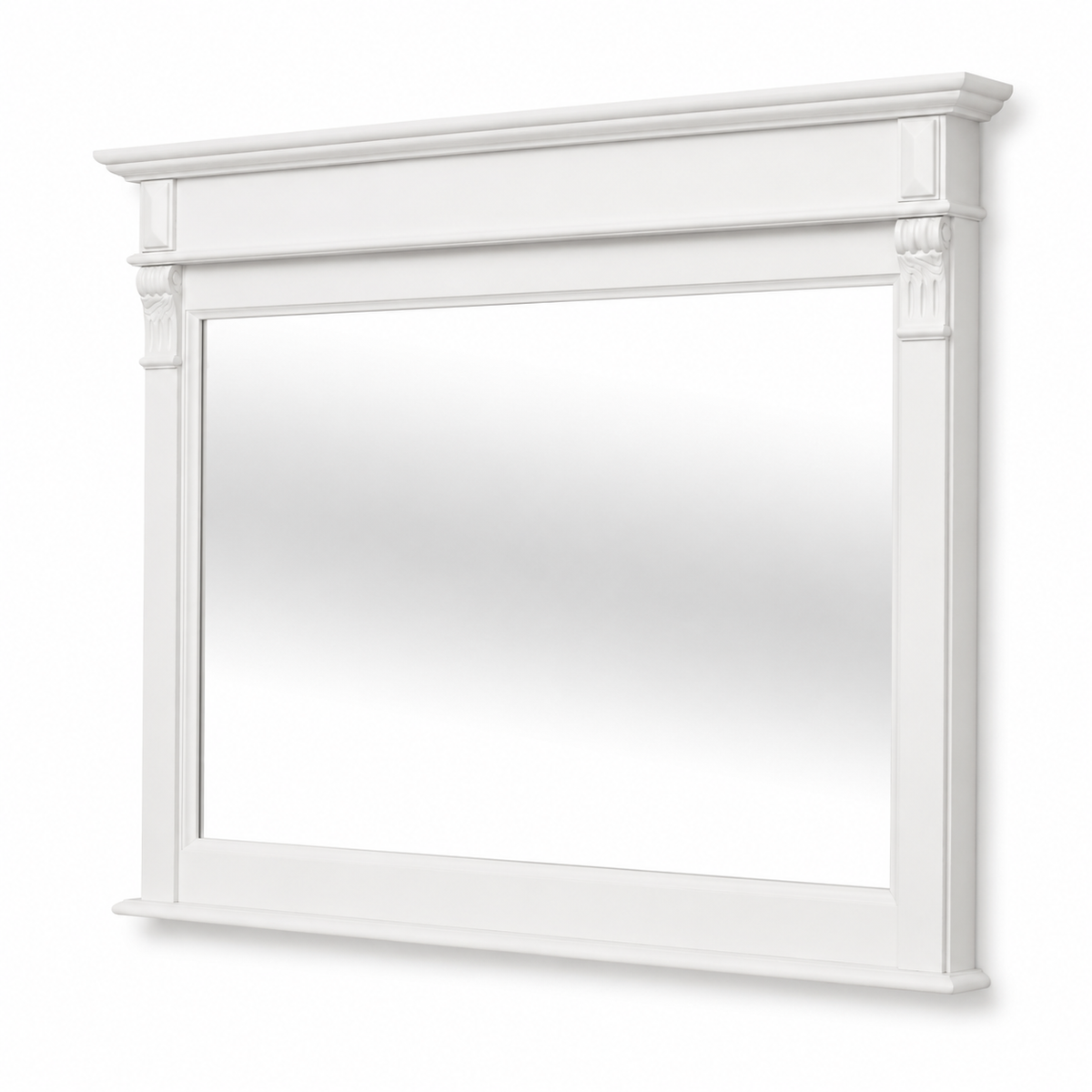 Classic white painted pine Baldo bathroom mirror seen from the right, three-quarter view