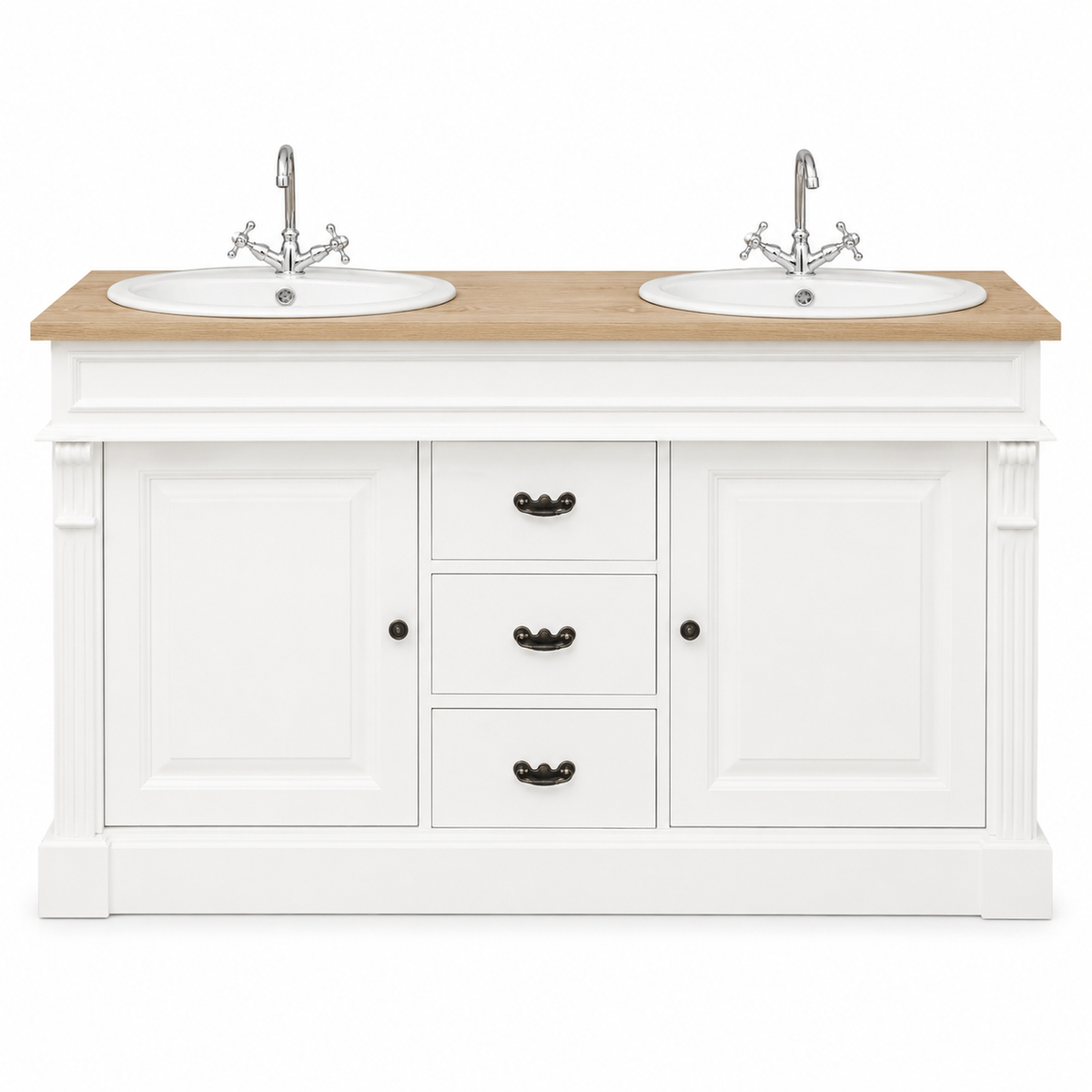 Classic white Marcoli double bathroom vanity with solid oak top and twin sinks, 150 cm, front view