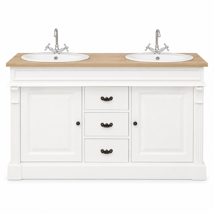 Classic white Marcoli double bathroom vanity with solid oak top and twin sinks, 150 cm, front view