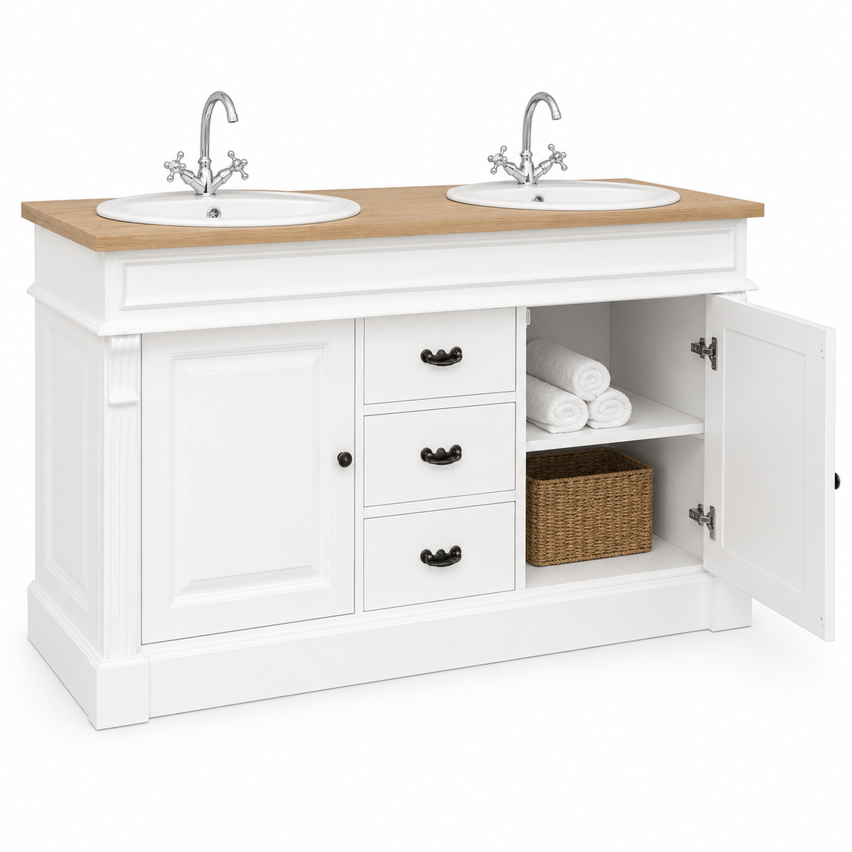 Open cupboard of the white Marcoli vanity revealing rolled towels, wicker basket and internal oak shelf