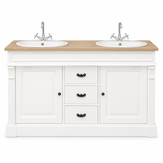 Classic white Marcoli double bathroom vanity with solid oak top and twin sinks, 150 cm, front view