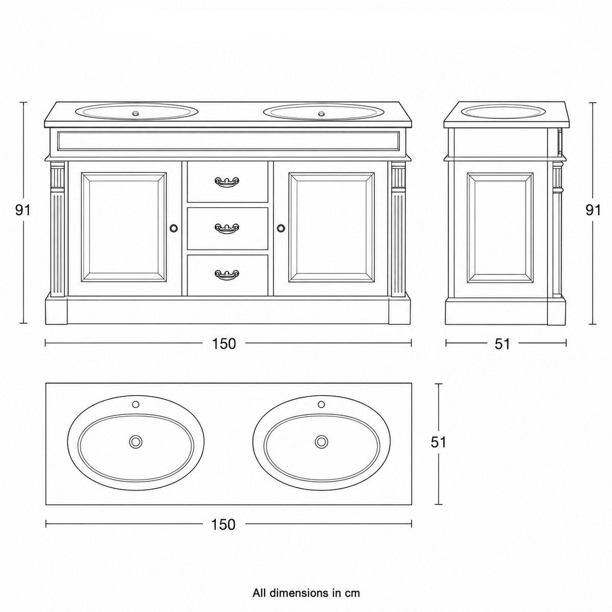 Technical line drawing of the Marcoli double vanity with front, side and top views, 150 x 51 x 91 cm