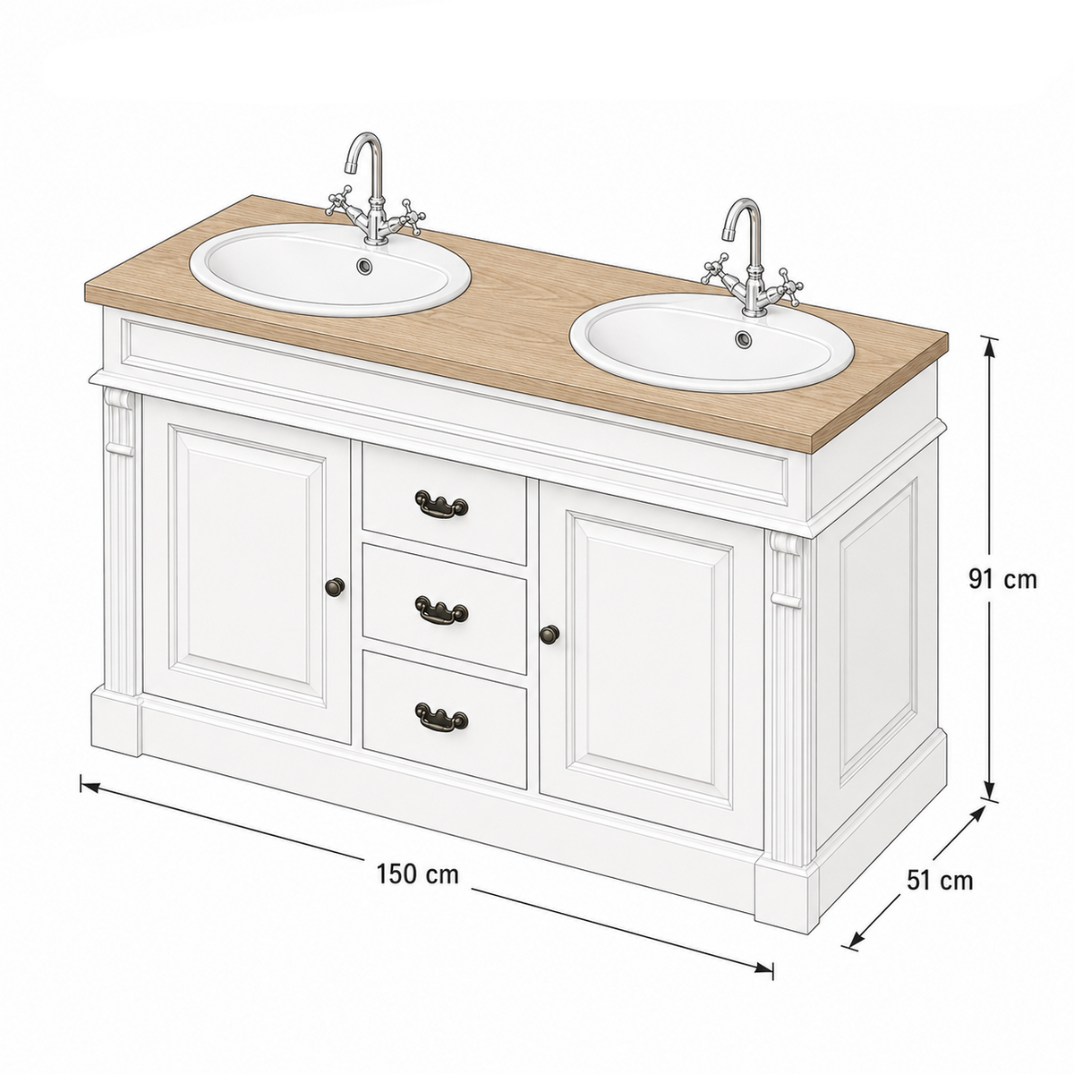 Dimensioned drawing of the Marcoli double vanity unit, 150 x 51 x 91 cm