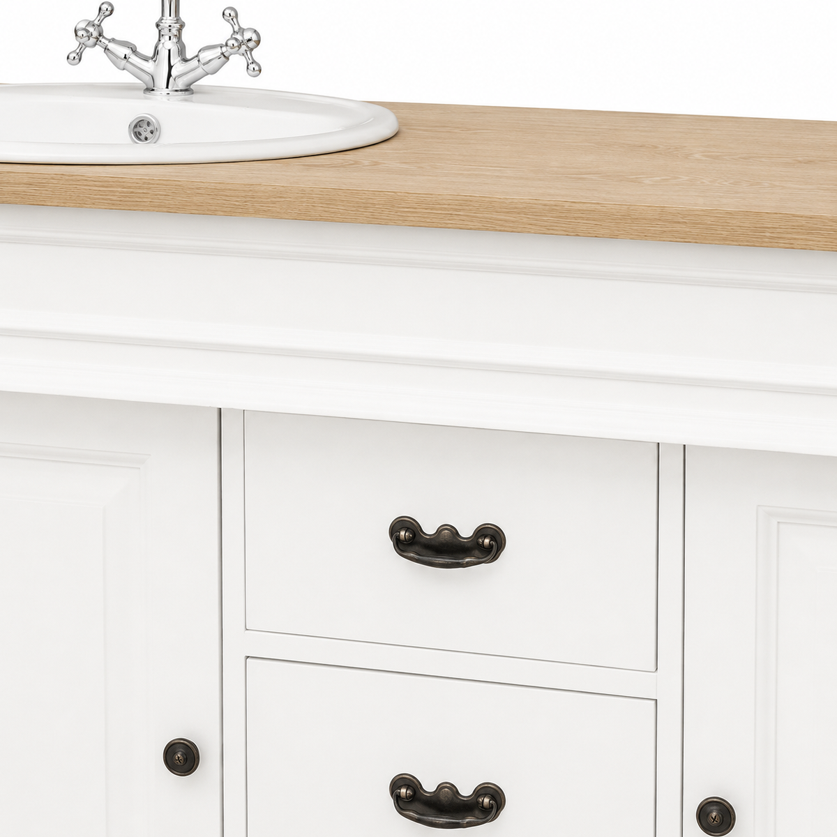 Detail of the white Marcoli vanity drawer with antique bronze cup handle beside the solid oak top