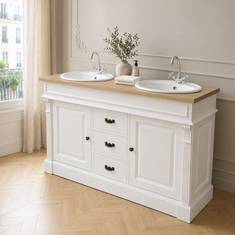 Classic white Marcoli double vanity styled in an elegant bathroom with oak top and twin sinks