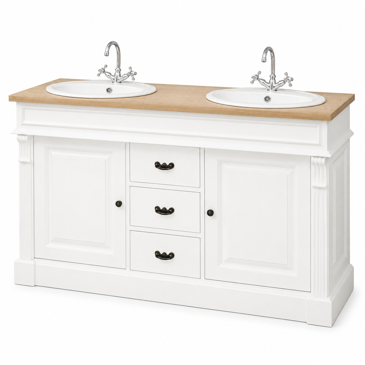 Classic white Marcoli double bathroom vanity with fluted columns and solid oak top, opposite angled view
