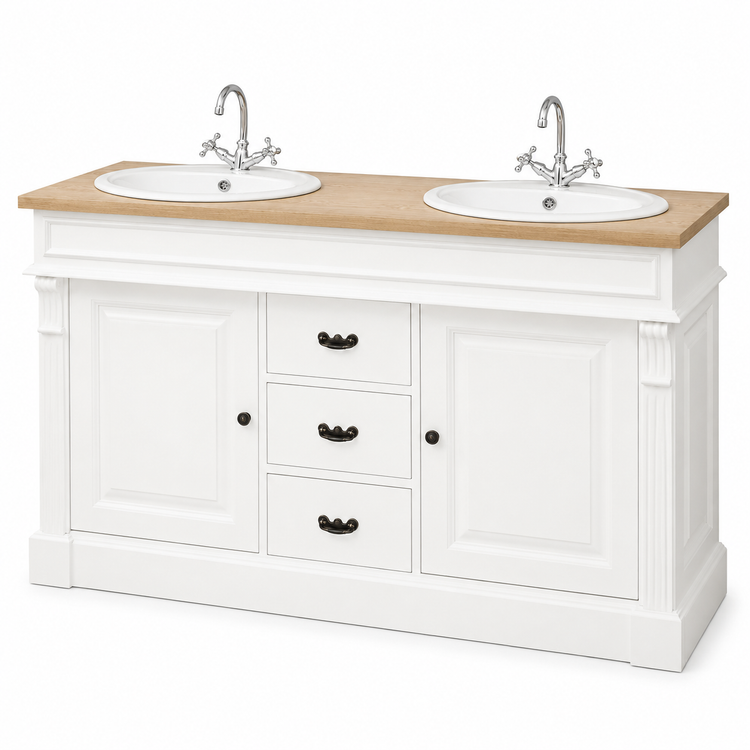 Classic white Marcoli double bathroom vanity with fluted columns and solid oak top, opposite angled view