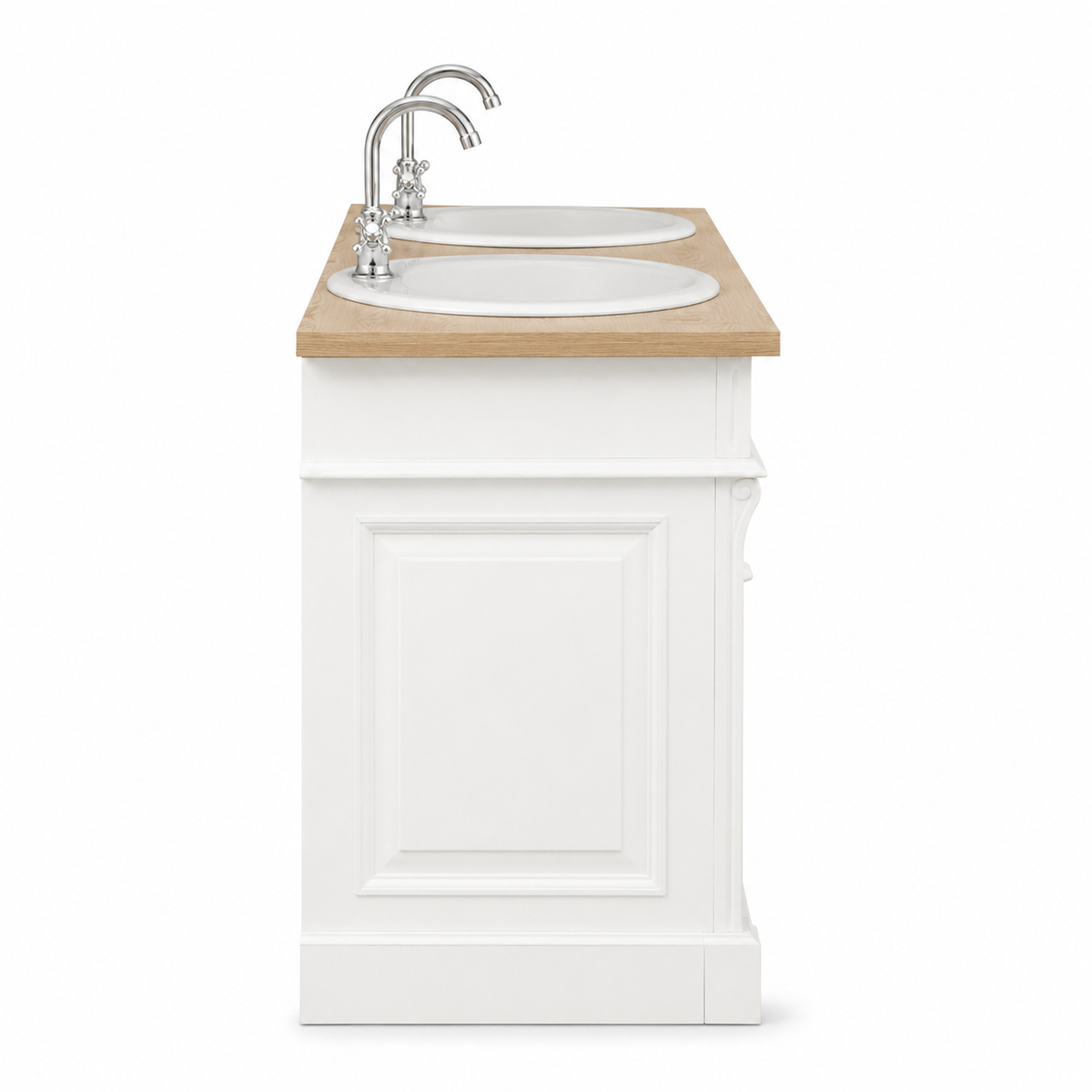 Side profile of the white Marcoli double vanity showing panelled end and solid oak top overhang, 51 cm deep