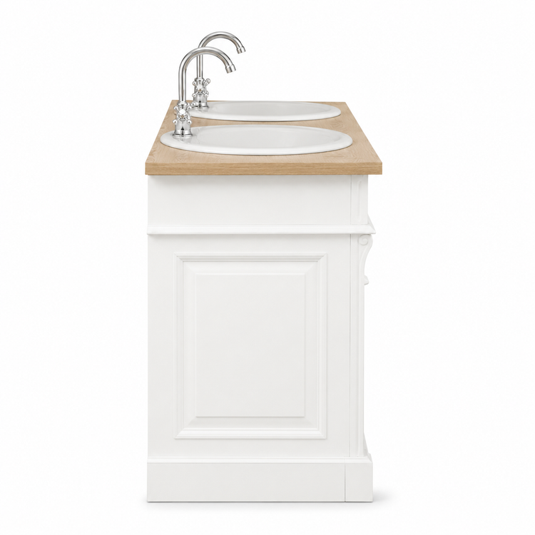 Side profile of the white Marcoli double vanity showing panelled end and solid oak top overhang, 51 cm deep