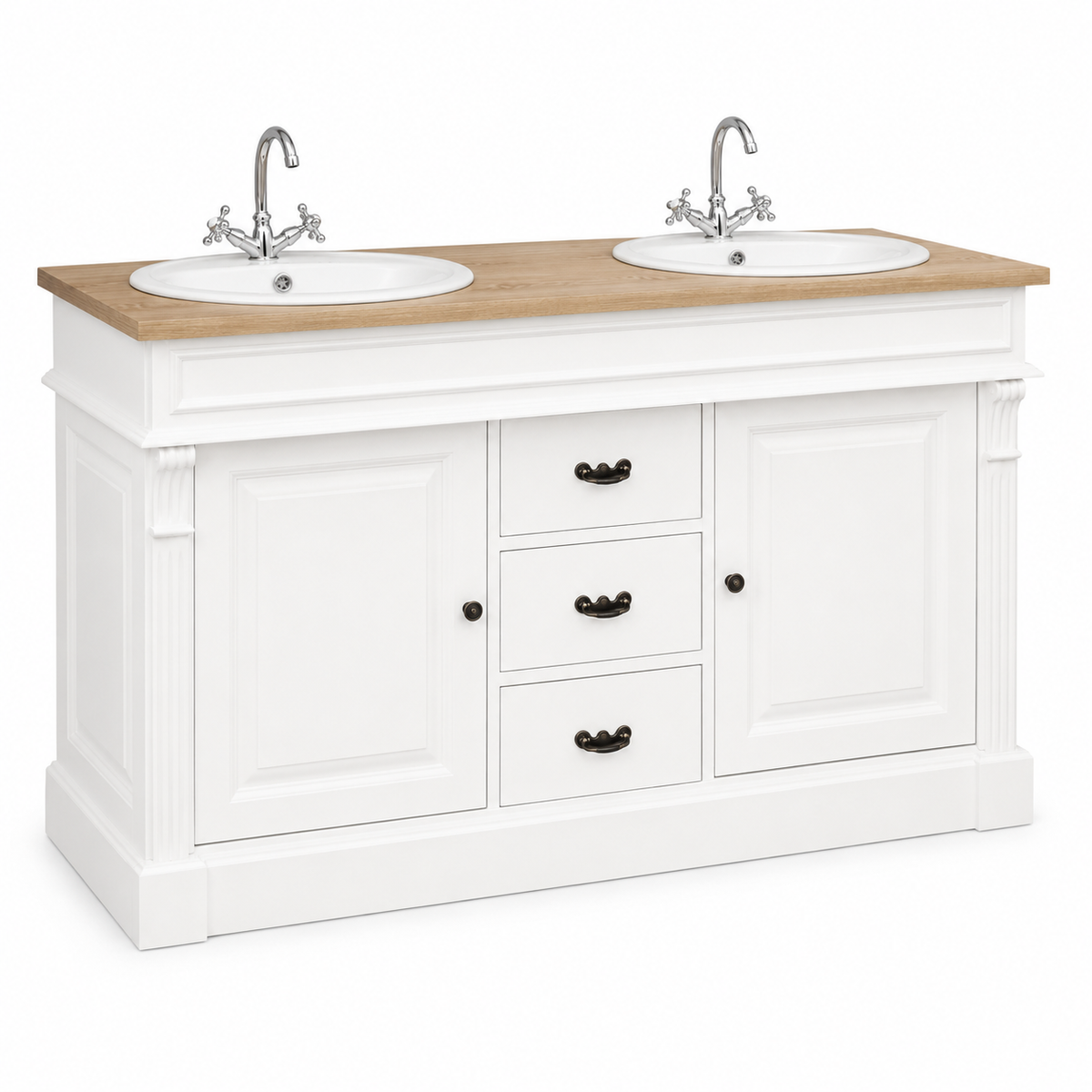 Classic white Marcoli double vanity unit with solid oak top and chrome cross-handle taps, three-quarter view