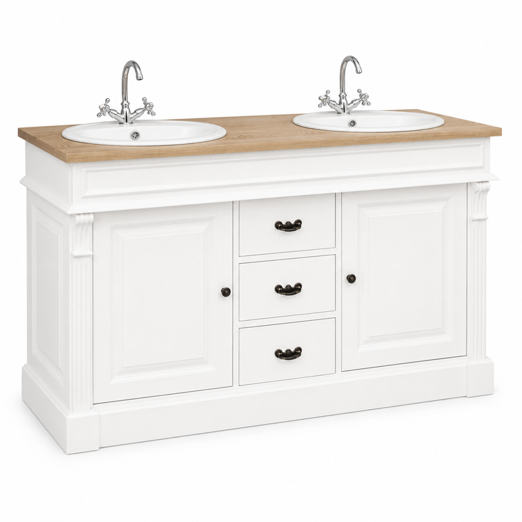 Classic white Marcoli double vanity unit with solid oak top and chrome cross-handle taps, three-quarter view