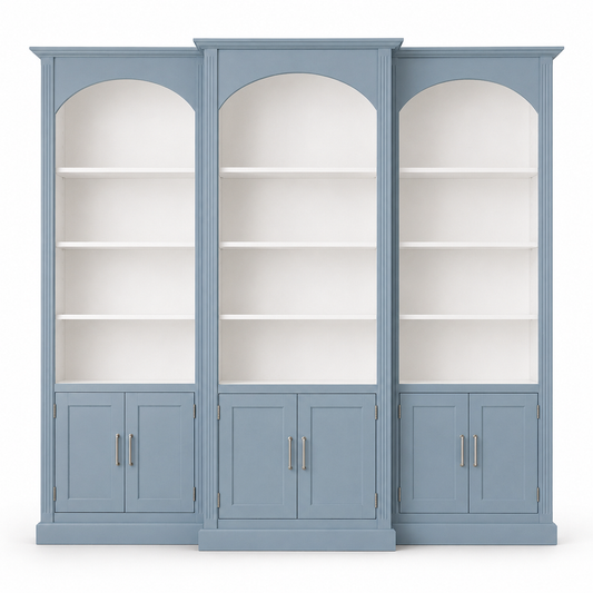 Classic dusty blue and white solid pine Arcade triple arched bookcase, 306 cm wide, front view