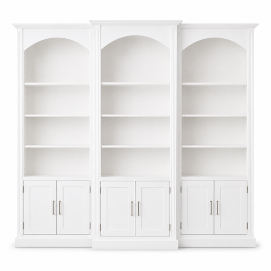 Classic white solid pine Arcade triple arched bookcase with shaker doors, 306 cm wide, front view