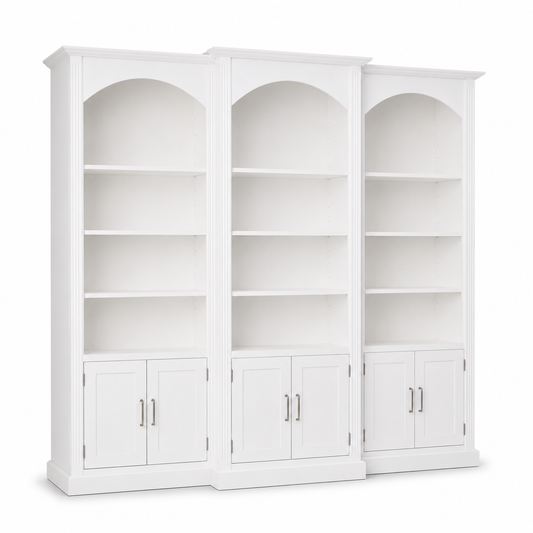 Classic white Arcade triple arched pine bookcase with fluted columns, 306 cm wide, angled view