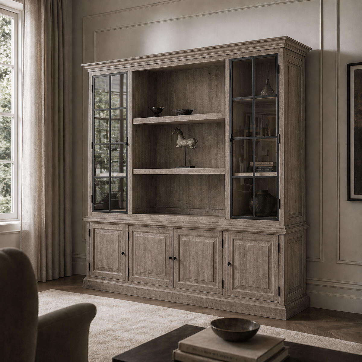Transitional grey oak Harrison display cabinet styled in a living room, 240 cm wide