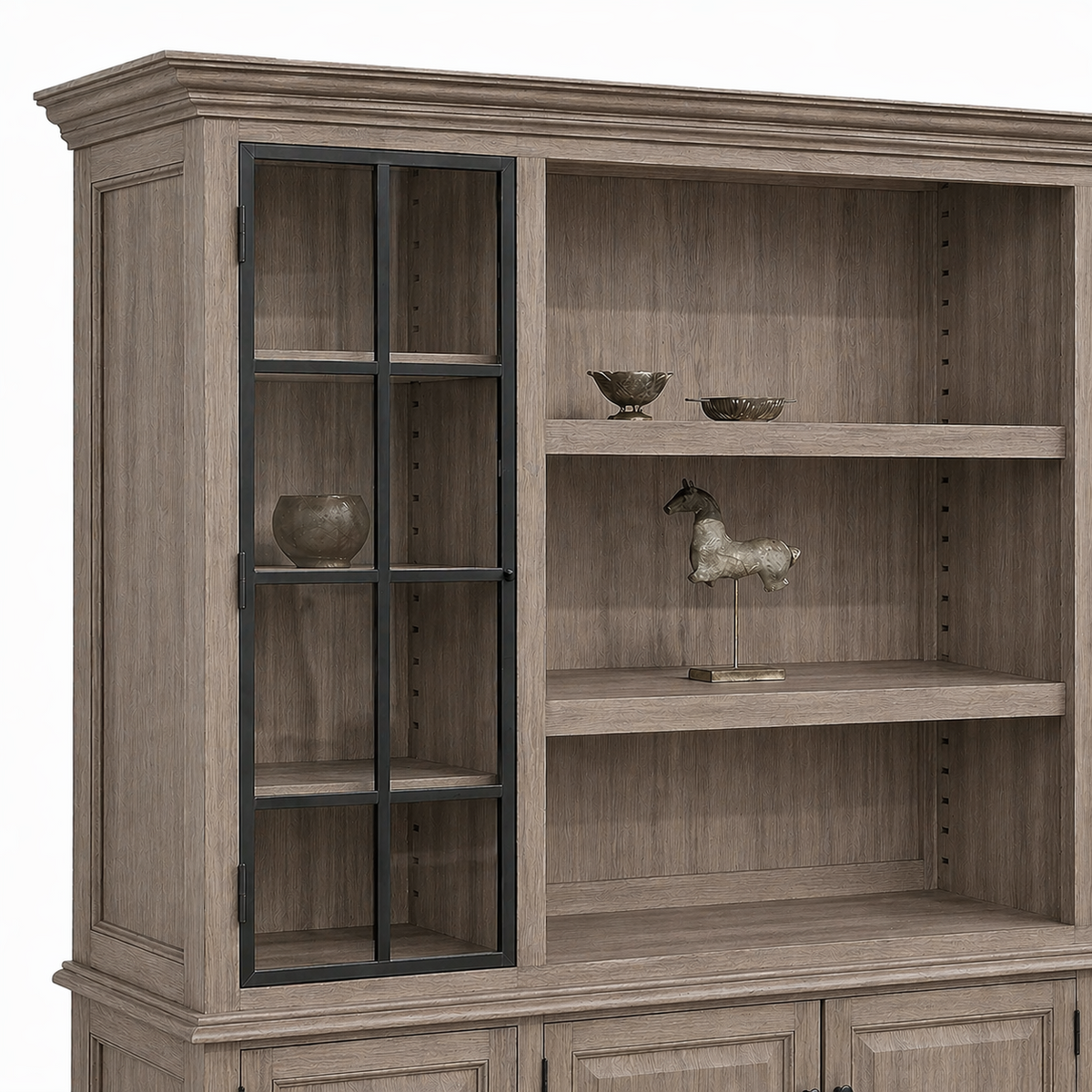 Black window-pane glass door and adjustable shelves of the grey oak Harrison display cabinet