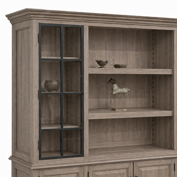 Black window-pane glass door and adjustable shelves of the grey oak Harrison display cabinet