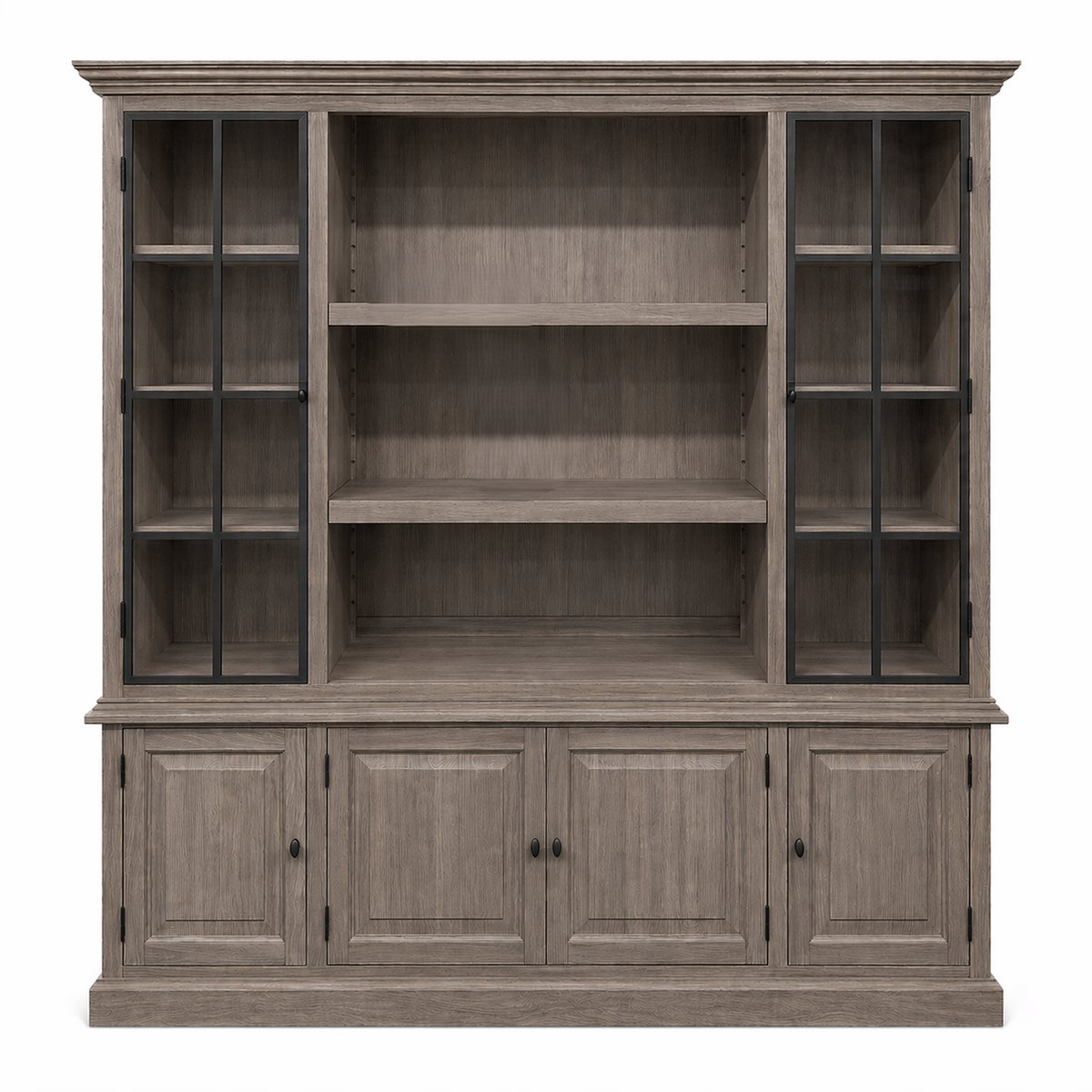 Transitional grey oak Harrison display cabinet with black glazed doors, 240 cm wide, front view
