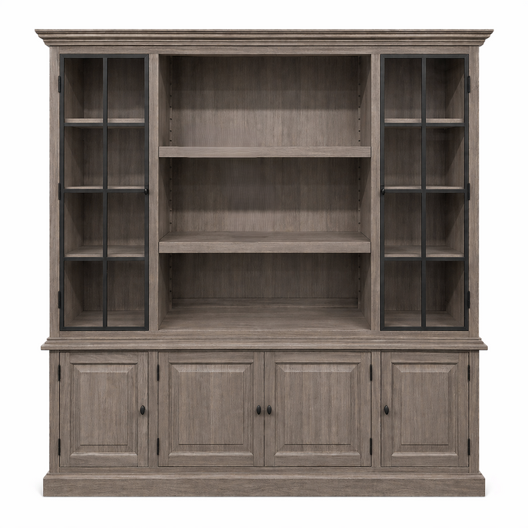 Transitional grey oak Harrison display cabinet with black glazed doors, 240 cm wide, front view