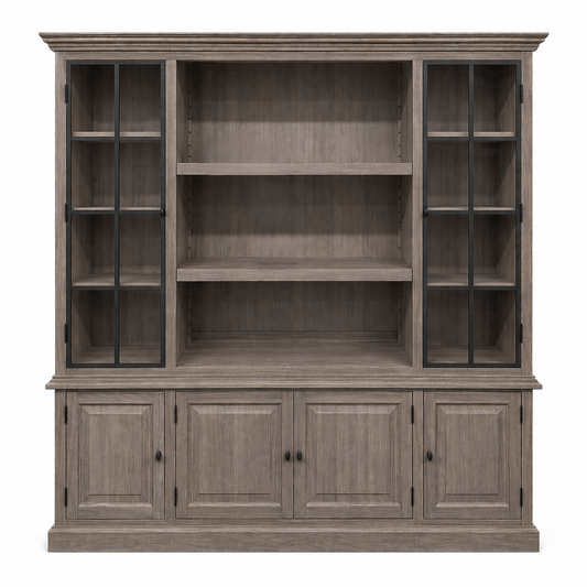 Transitional grey oak Harrison display cabinet with black glazed doors, 240 cm wide, front view