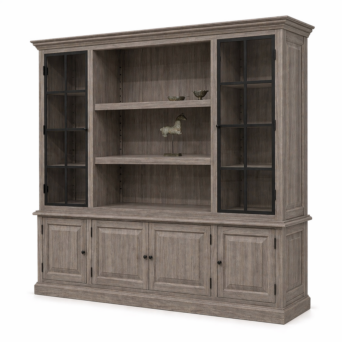 Modern classic grey oak Harrison display cabinet, three-quarter view showing glazed doors and open shelving
