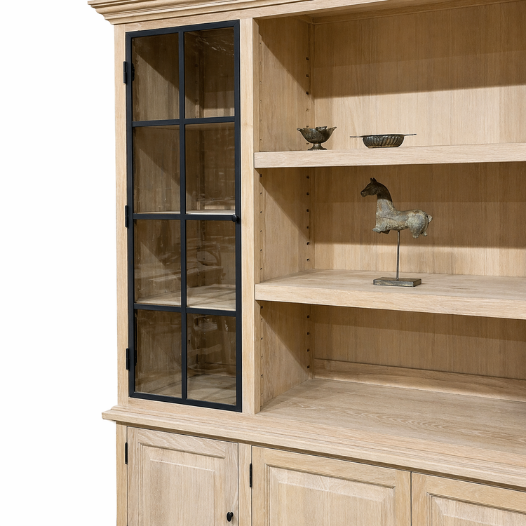 Close-up of the black farmhouse window-pane glass door on the oak Harrison display cabinet