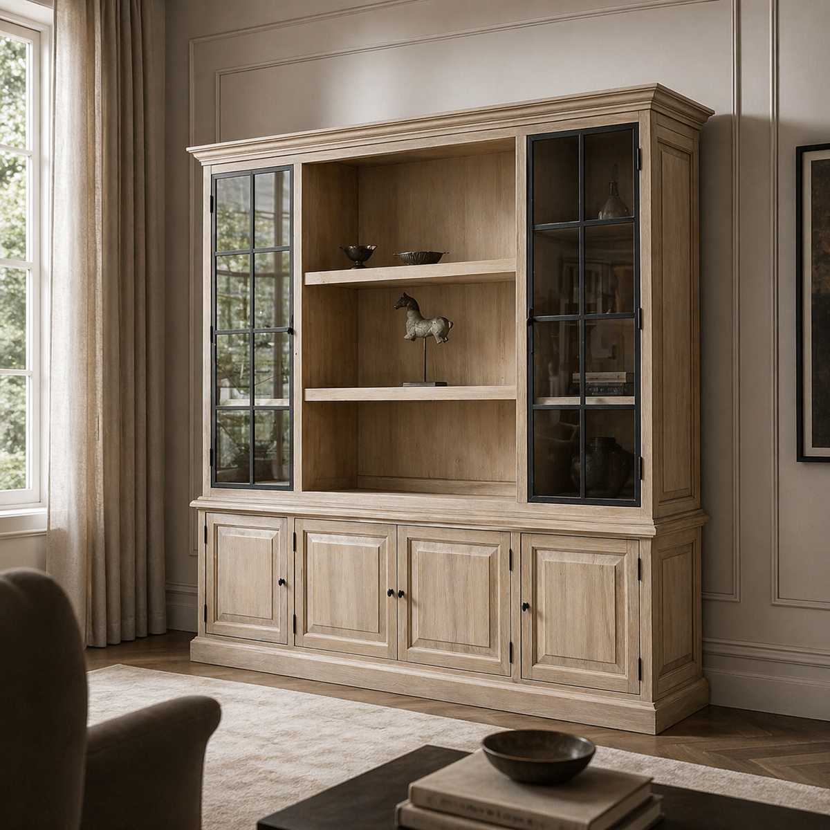 Country-style solid oak Harrison display cabinet styled in a living room, 240 cm wide