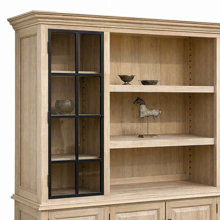 Glazed doors and adjustable oak shelves of the country-style Harrison display cabinet, styled with decor