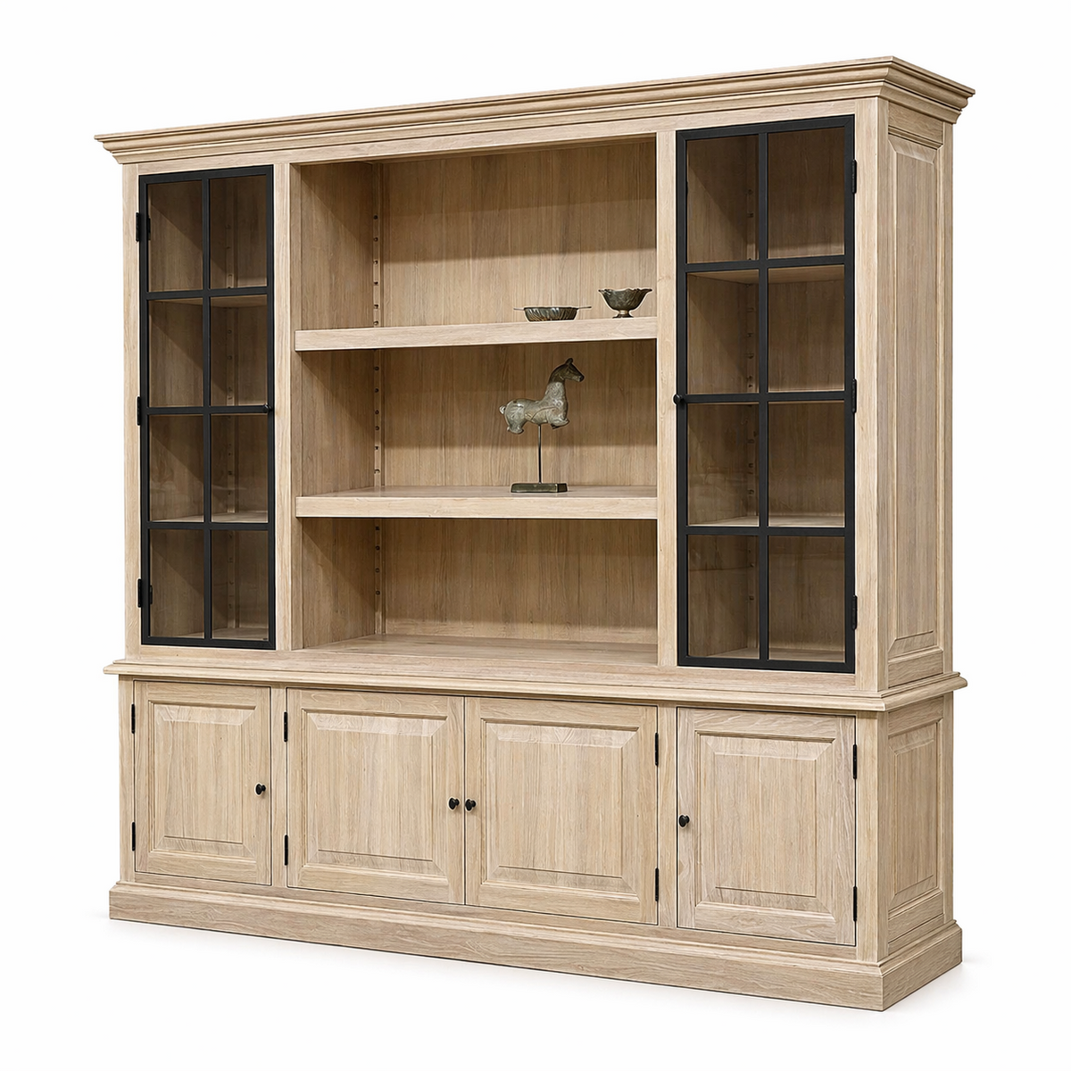 Country-style natural oak Harrison display cabinet, three-quarter view with glazed doors and open shelving