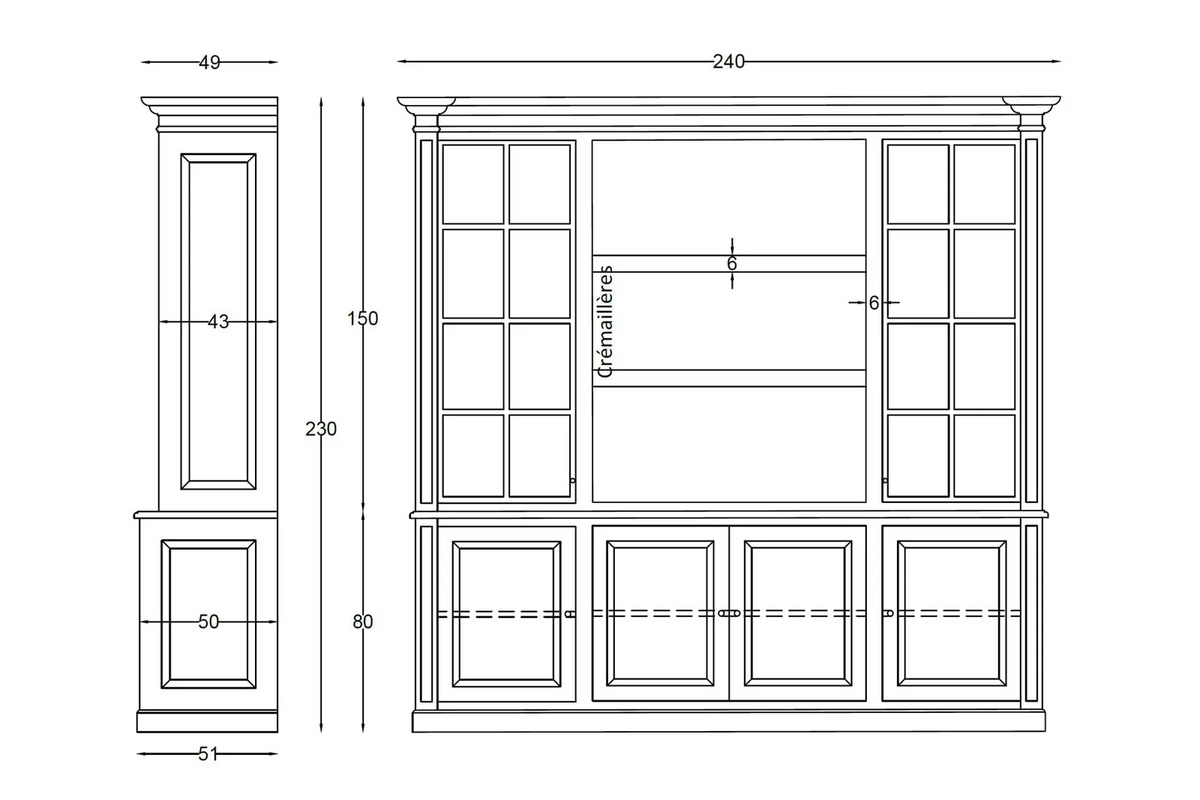 Dimensioned line drawing of the Harrison display cabinet, 240 x 49 x 230 cm