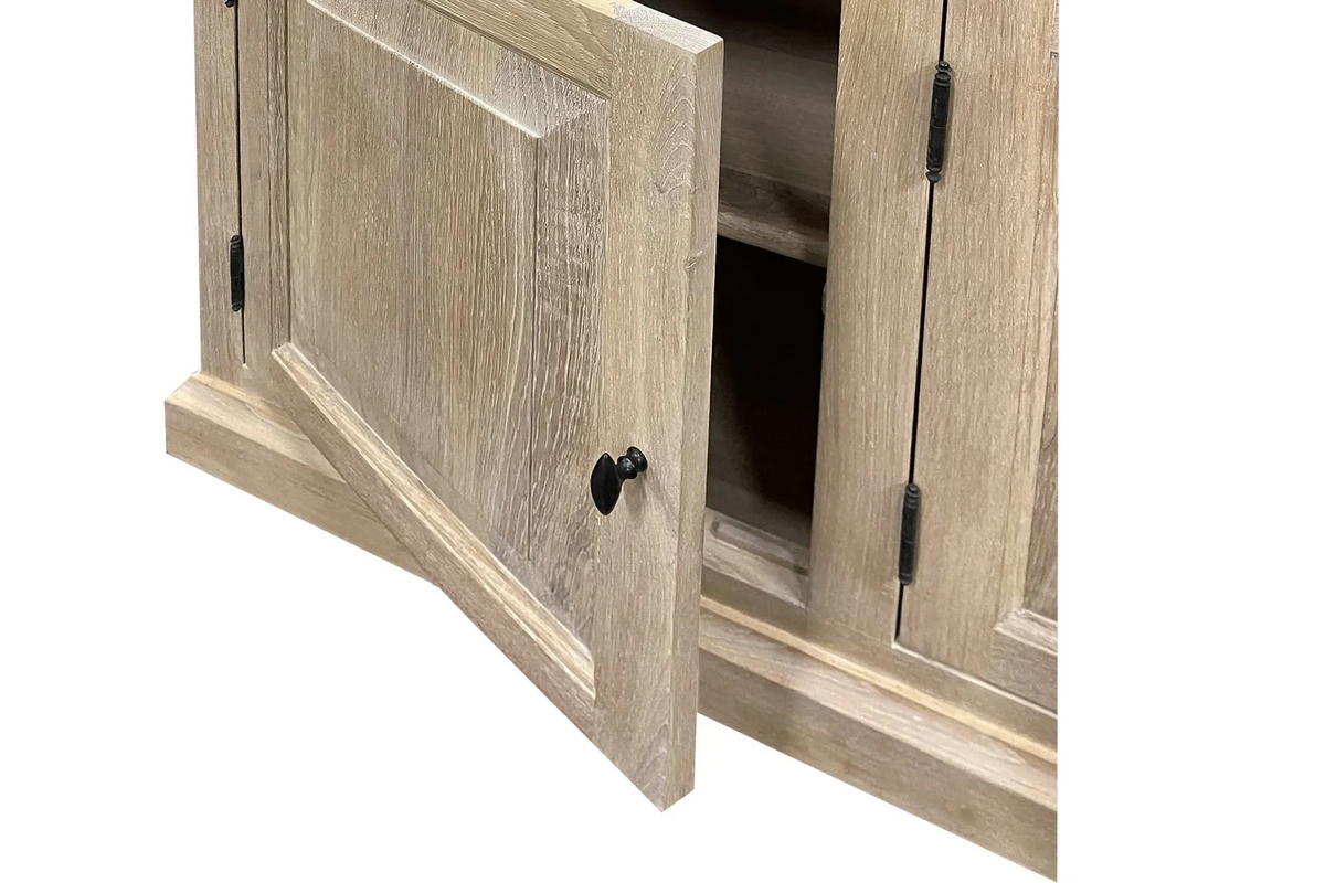Open raised-panel lower door with black knob, country-style oak Harrison display cabinet