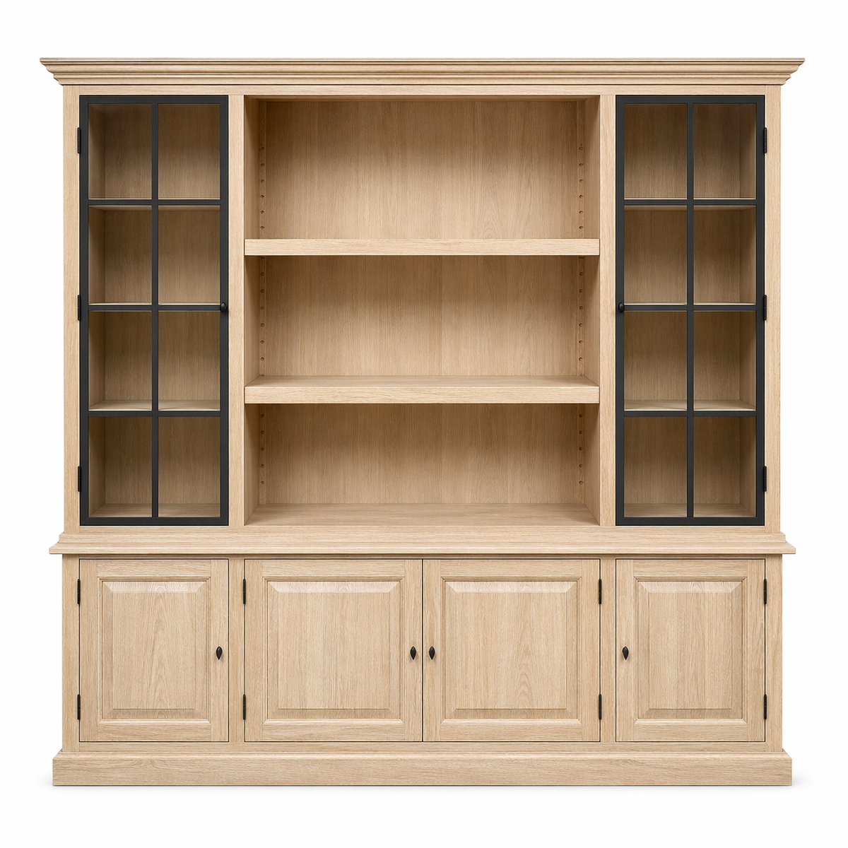 Country-style solid oak Harrison display cabinet with black glazed doors, 240 cm wide, front view