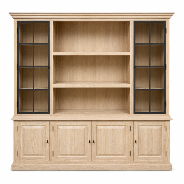 Country-style solid oak Harrison display cabinet with black glazed doors, 240 cm wide, front view