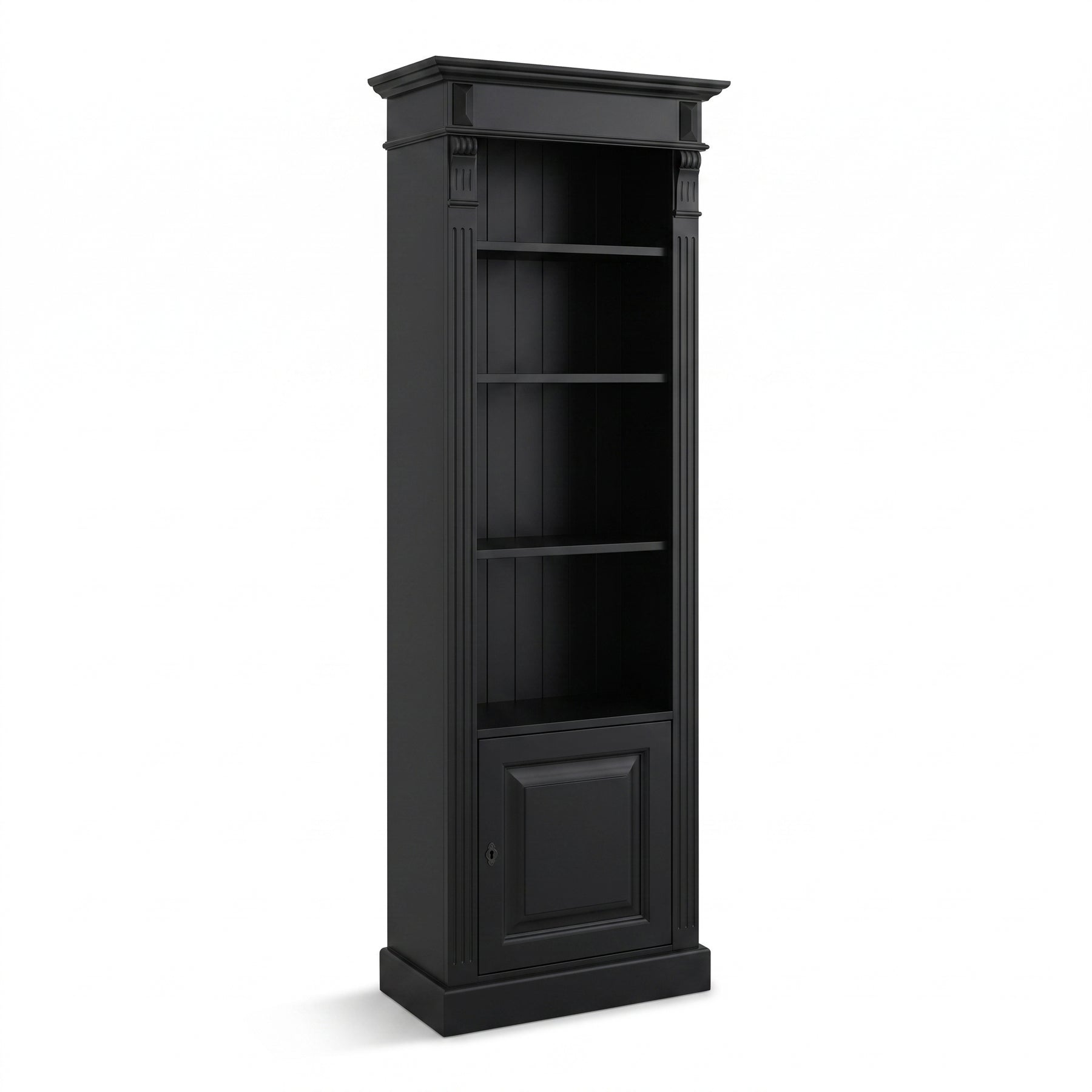 Bookcase Sarlat in black, three-quarter view from the front left, 71 x 39 x 197 cm