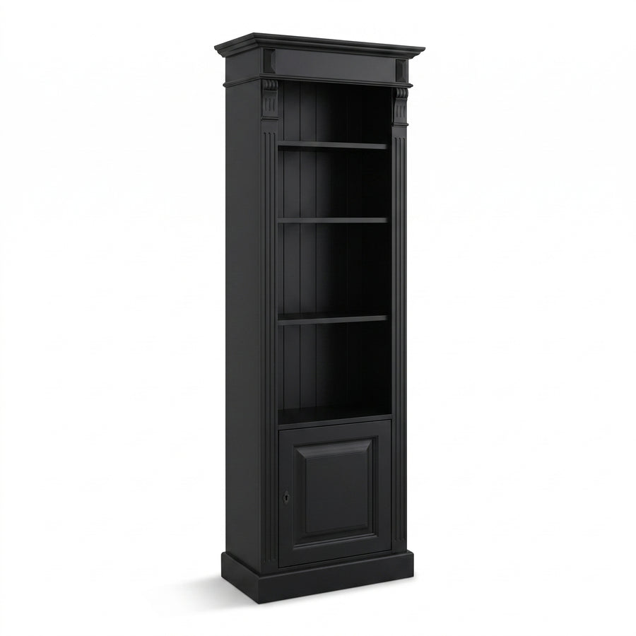 Bookcase Sarlat in black, three-quarter view from the front left, 71 x 39 x 197 cm