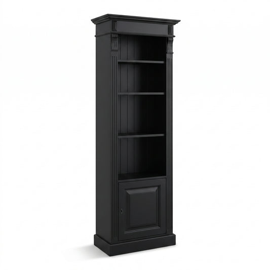 Bookcase Sarlat in black, three-quarter view from the front left, 71 x 39 x 197 cm