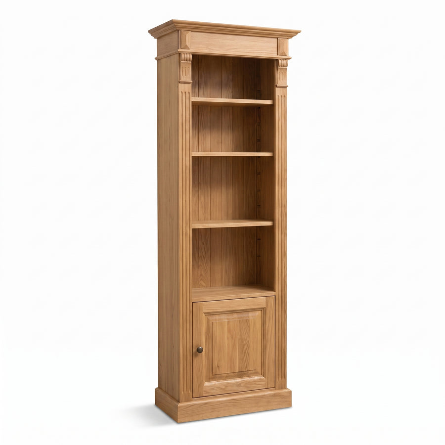 Bookcase Sarlat in solid oak, three-quarter view from the front left, 71 x 39 x 197 cm