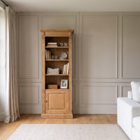 Bookcase Sarlat in solid oak, in an interior, 71 x 39 x 197 cm