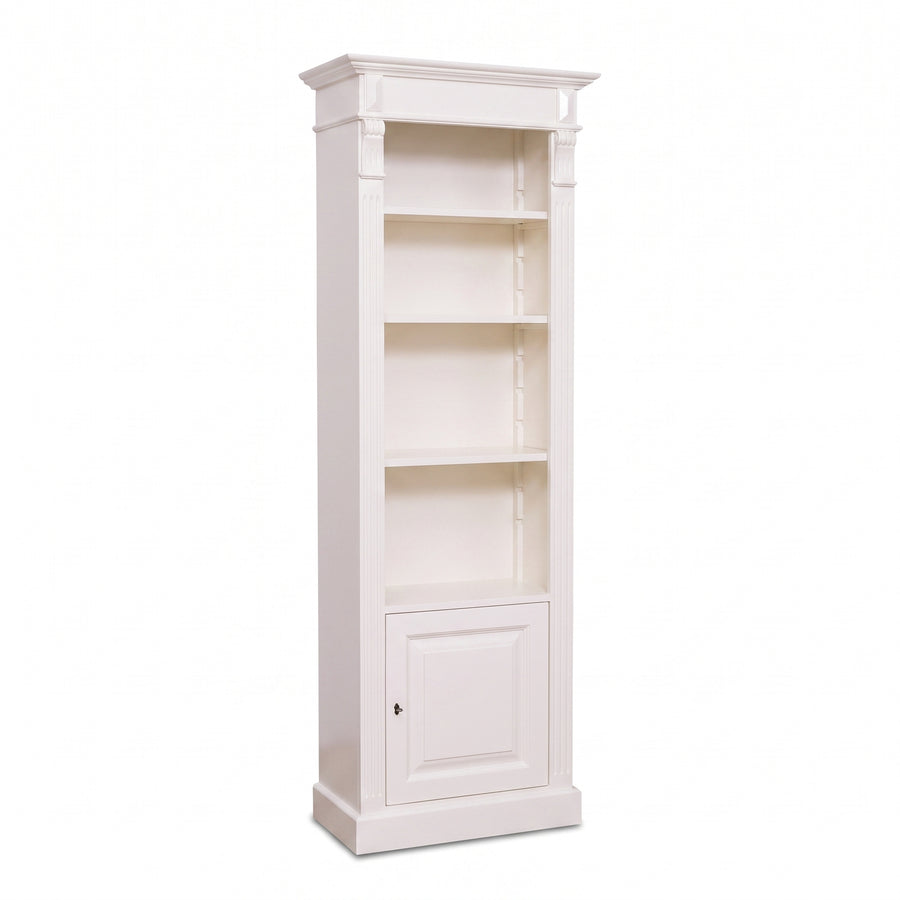 Bookcase Sarlat in white, three-quarter view from the front left, 71 x 39 x 197 cm