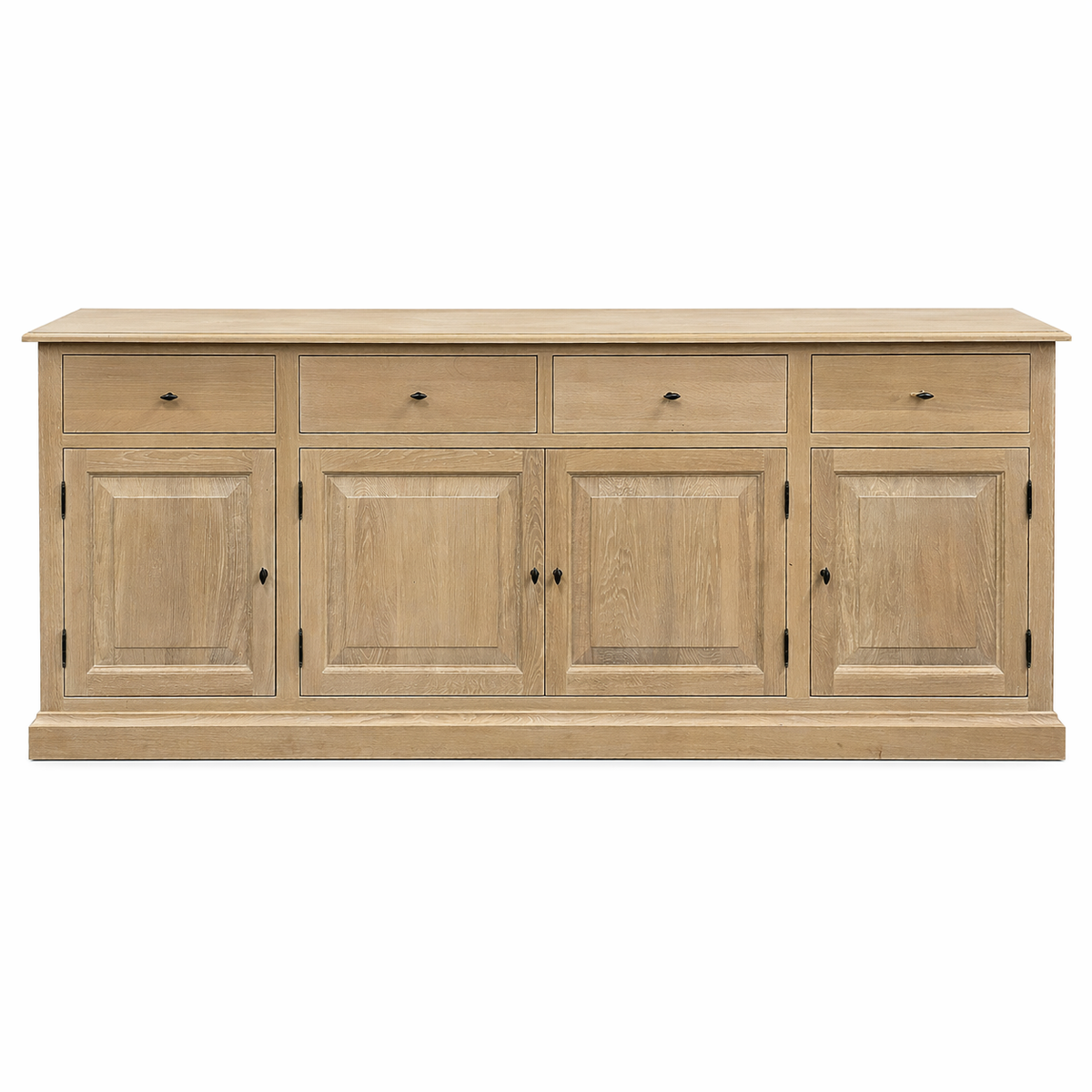 Country-style natural oak Arden sideboard with raised-panel doors and black knobs, 225 cm wide, front view