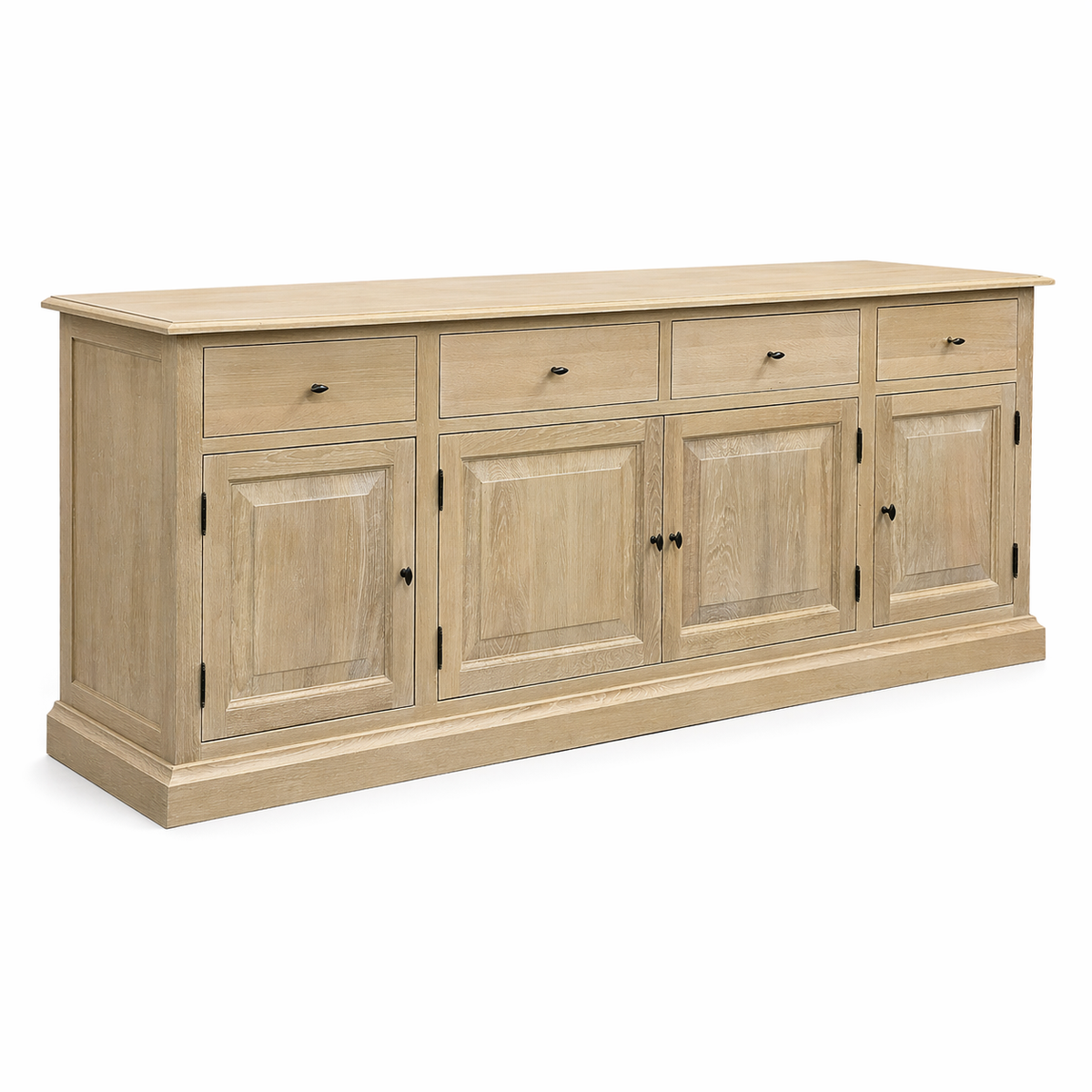 Country-style natural oak Arden buffet sideboard on a plinth base, 90 cm tall, three-quarter view