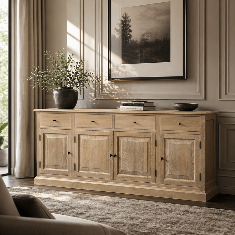 Country-style natural oak Arden sideboard styled in a living room with olive branches and framed artwork