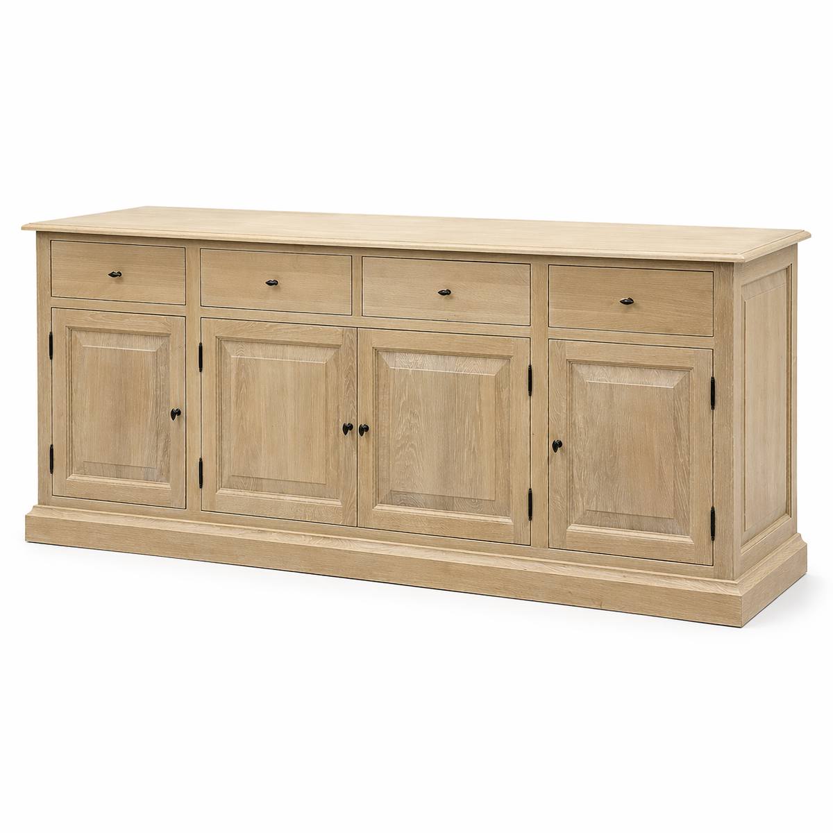 Country-style natural oak Arden sideboard with four drawers and raised-panel doors, 225 cm wide, angled view