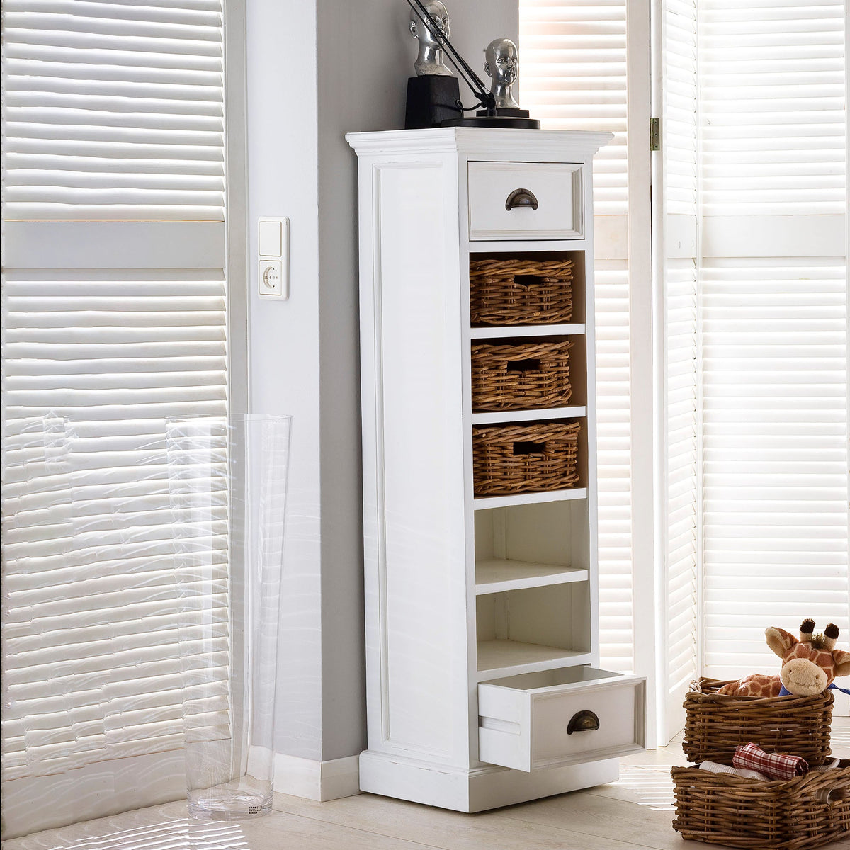 Halifax Storage Unit 5 Rattan Baskets- White - lifestyle | Marcottestyle