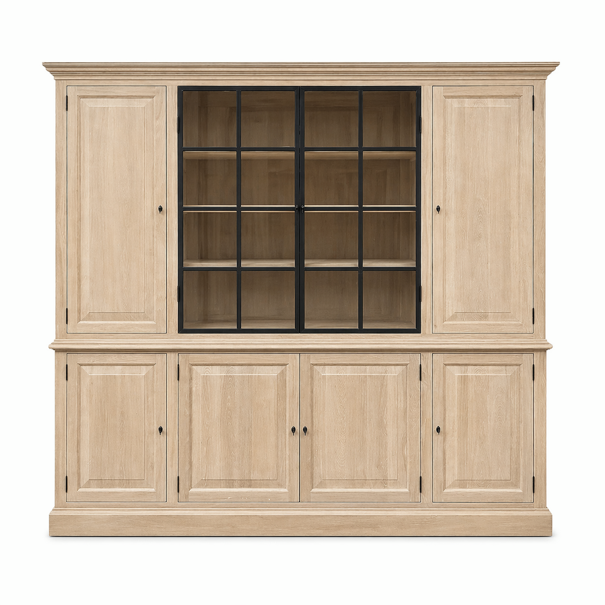Rustic industrial oak Barton display cabinet with iron-framed glass doors, 230 cm wide, front view