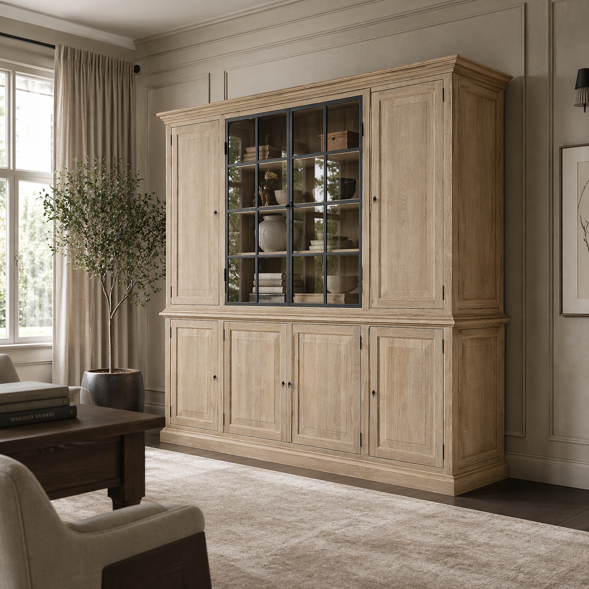 Rustic oak Barton display cabinet styled in a living room, 230 cm wide