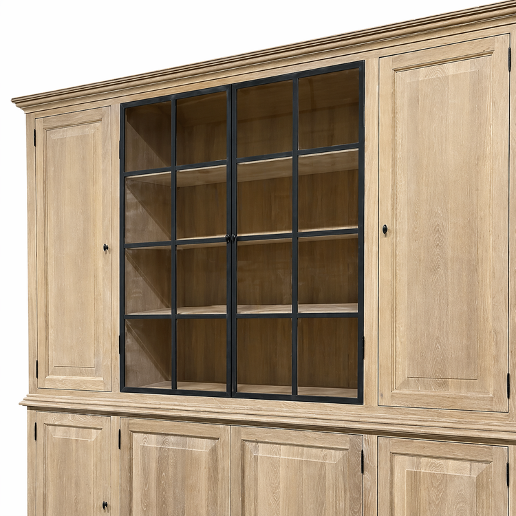 Iron-framed window-pane glass doors and open oak shelving of the Barton display cabinet