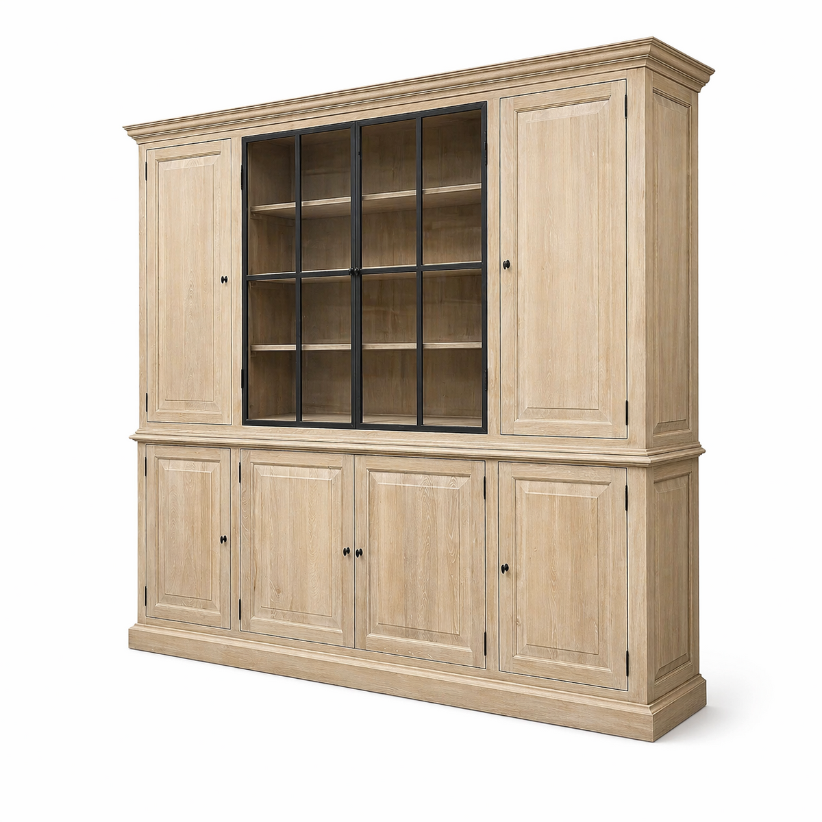 Rustic oak Barton display cabinet, three-quarter view showing iron-framed glass doors and panel storage